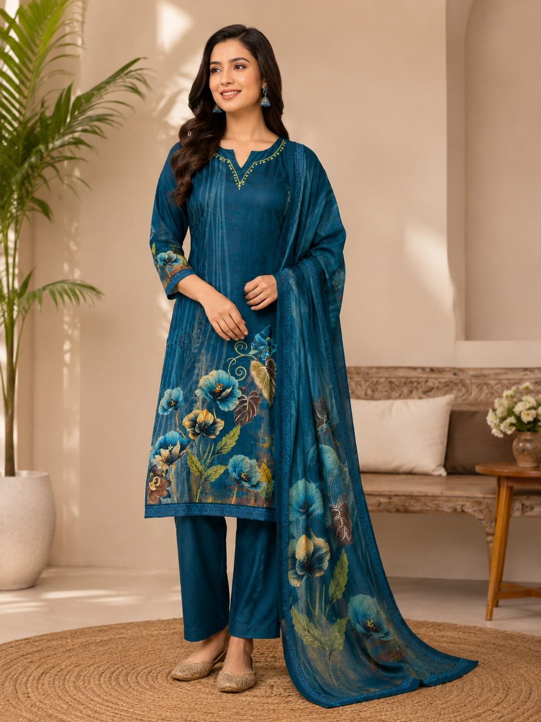 Women Teal Blue Hand Work Digital Printed Salwar (3 Pc Set)