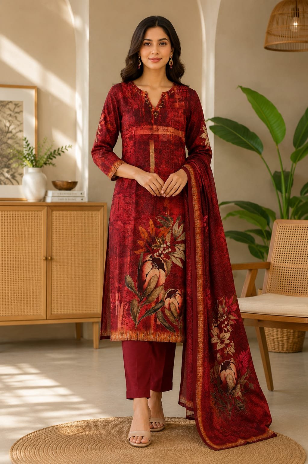 Women V Neck Hand Work Digital Print Premium Three Piece