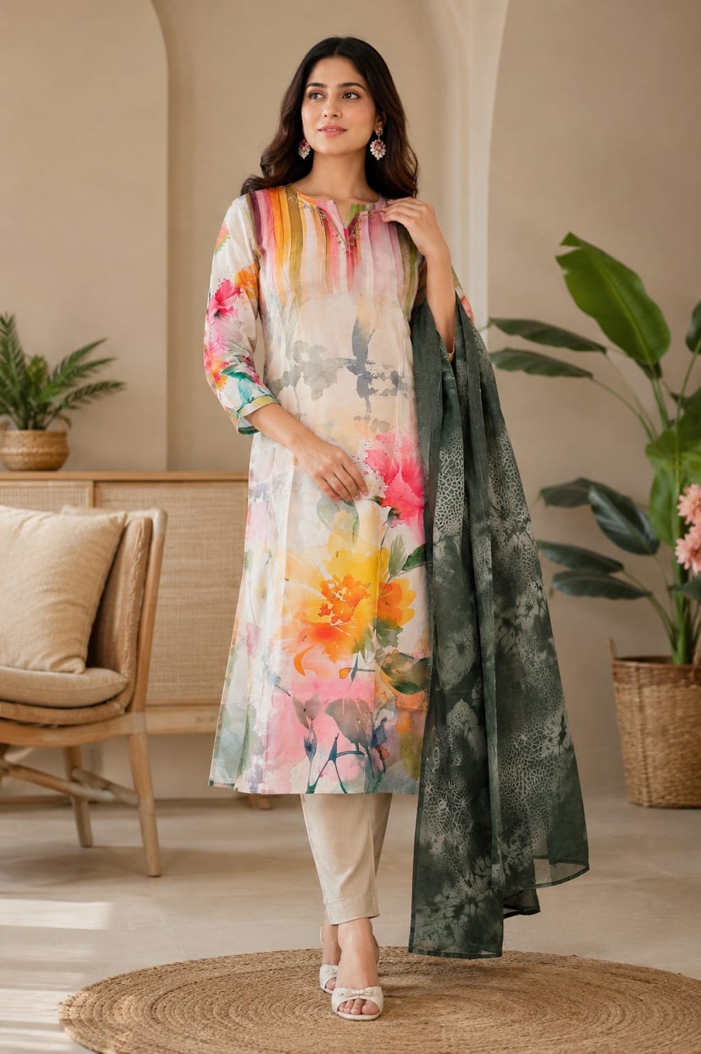 Women V Neck Hand Work Three Piece Set