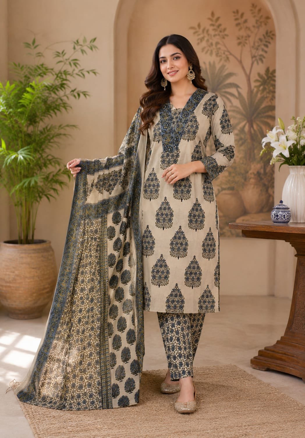 Women V Neck Hand Work Jaipuri Cotton Three Piece Set