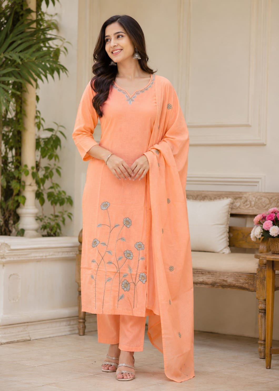 Embroidered Thread Work Kurta Pant Dupatta