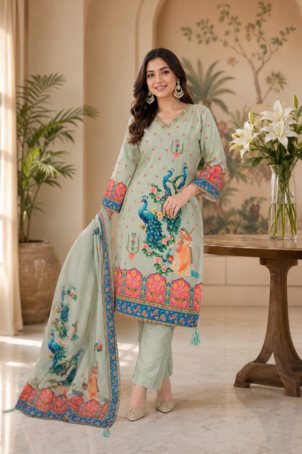 Women V Neck Hand Work Cotton Three Piece Set