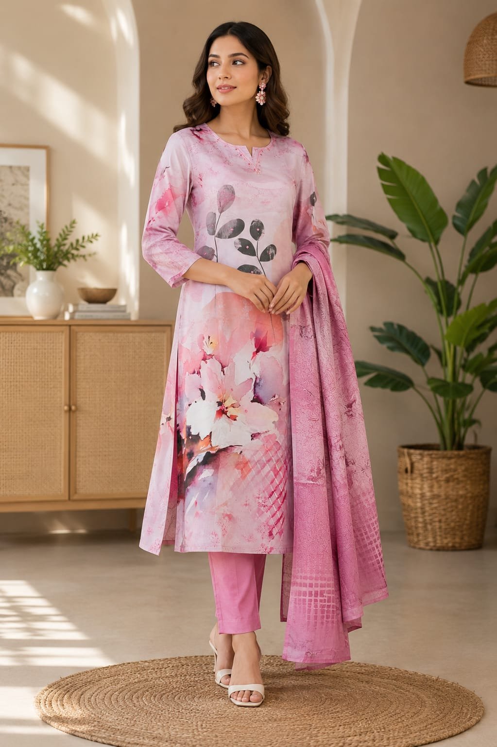 Women Mirror Work V Neck Three Piece